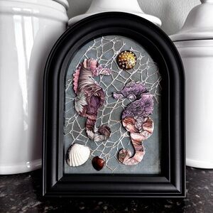 Hand Crafted Mixed Media collage  Seahorse Art - Purple and Green 5”x 7”